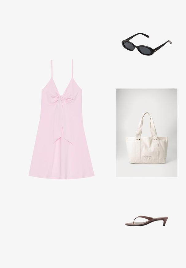 Ružasta haljina bez rukava sa detaljem čvora sprijeda i lepršavom suknjom. Napravljena od mekog materijala sa glatkom teksturom. Podesive tanke naramenice.; Smeđe natikače na petu s tankim remenom i zaobljenim vrhom, sa malim zlatnim akcentom na ulošku.; Crne velike sunčane naočale s ovalnim staklima, glatkim plastičnim okvirom i zlatnim detaljima na sljepočnicama. Tamna stakla pružaju zaštitu od sunca.; Platnena torba u svijetloj bež boji s dva čvrsta ručka, kontrastnim bijelim rubom i logotipom "THE NORTH FACE" u crnoj boji na prednjoj strani.