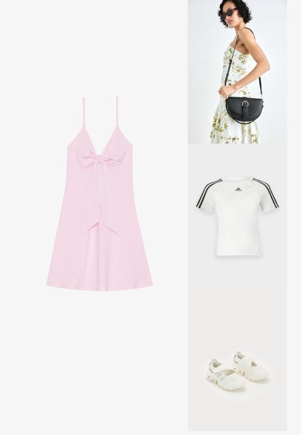 Vestido cor-de-rosa sem mangas com detalhe de nó frontal e saia ampla. Feito de tecido suave com uma textura lisa. Alças finas ajustáveis.; Camiseta atlética de mangas curtas branca com um design de três riscas pretas nos ombros, textura suave e um pequeno logotipo preto da adidas no peito.; Tênis atléticos brancos em malha, com fecho por tira, suporte almofadado para o tornozelo e um design de sola curva distintiva, com seções escavadas.; Bolsa de couro preta com forma curva, alça destacável e detalhes em dourado. A bolsa possui uma aba com detalhe de fivela.