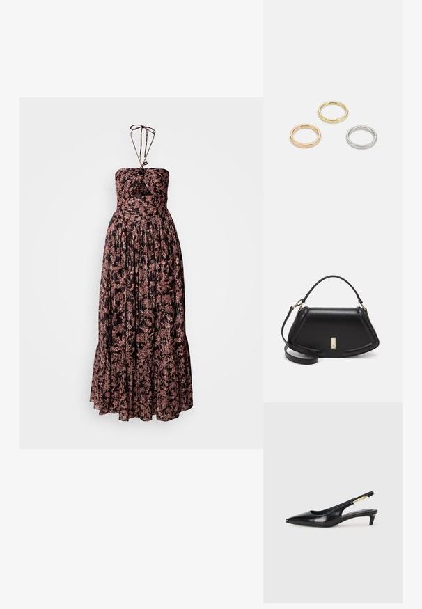 Rochie maxi cu un design plisat fără bretele, dintr-un material închis la culoare, cu modele florale roz. Decolteu halter legat și margine volanată.; Sandale slingback din piele neagră cu vârf ascuțit, având un toc subțire și un accent de culoare aurie pe curea ajustabilă. Textură netedă.; Geantă de umăr din piele neagră, cu un design structurat, având o formă tăiată, mânere superioare și accente din aur. Include o curea de umăr ajustabilă.; Trei inele din metal: unul roz aurie, unul auriu cu accente texturate și unul argintiu, toate cu branding gravat pe banda interioară.