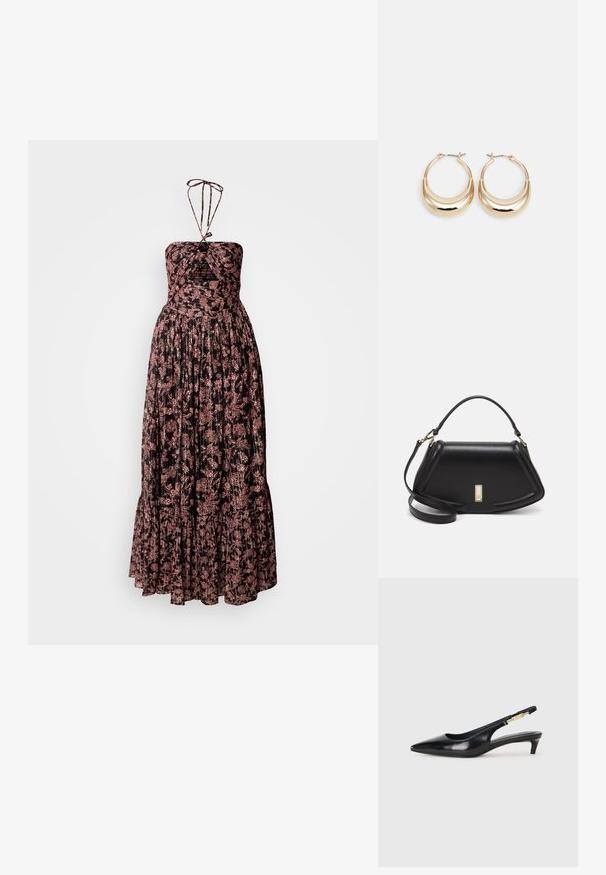 Abito lungo con design senza spalline, plissettato, in tessuto scuro con motivi floreali rosa. Collo all'americana legato e orlo arricciato.; Tacchi slingback in pelle nera con punta affusolata, caratterizzati da un tacco alto e un accento dorato sulla cinghia regolabile. Texture liscia.; Borsa a mano in pelle nera con un design strutturato, caratterizzata da una forma corta, manico superiore e accessori in metallo dorato. Inclusa tracolla regolabile.; Orecchini a cerchio tonalità oro con forma a mezzaluna, superficie lucidata e chiusura a cerniera. La texture liscia e la finitura riflettente migliorano la visibilità.