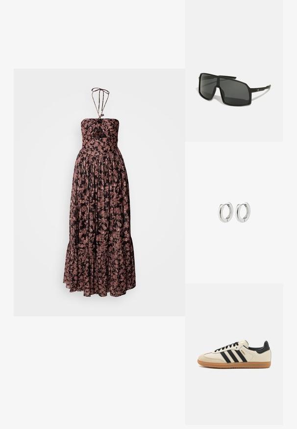 Maxikleid mit trägerlosem, gefalteter Gestaltung aus dunklem Stoff, verziert mit pinken Blumenmustern. Mit gebundenem Halterneck und Rüschensaum.; Beige Sport Schuh mit schwarzen Streifen, Gummisohle und schwarzen Akzenten. Verfügt über ein Obermaterial aus glattem Leder und ein rundes Zehendesign.; Schwarze Sonnenbrille mit einem großen, eckigen Rahmen, dunklen Gläsern und dünnen, eleganten Bügeln, die auf einer Seite ein kleines Logo tragen.; Silberne Creolen mit einem polierten Finish, die ein kreisförmiges Design und nahtlose Scharniere aufweisen und eine glatte Textur präsentieren.