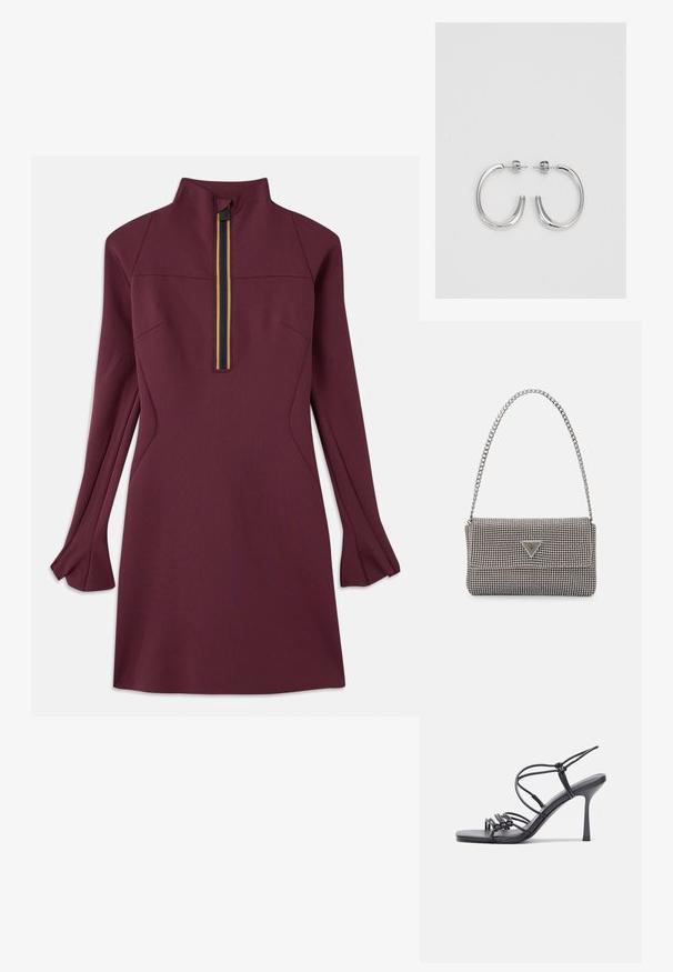 Mauve dress with a high collar and a half-zipper featuring a multicolored stripe. Long sleeves with flared cuffs, smooth texture.; Black high-heeled sandals feature thin straps with a knotted design, a smooth square toe, and a sleek stiletto heel.; Light gray metallic handbag featuring a chain strap, embellished with small circular metallic studs and a triangular brand logo.; Silver hoop earrings with a smooth, shiny surface, featuring a curved shape and post-back closure. Minimalist design with a modern finish.
