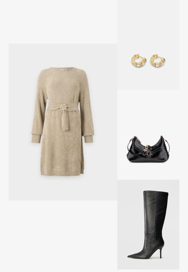 Beige, gebreide jurk met lange mouwen en een gestructureerde afwerking. Kenmerkt zich door een strikceintuur met een stervormige metalen accent bij de taille.; Zwarte leren kniehoge laars met spitse neus en slanke stilettohak, gladde textuur, zijprofiel op neutrale achtergrond.; Zwarte lakleren tas met een gebogen ontwerp, gouden hardware accenten en een prominent logo. Inclusief een afneembare schouderriem.; Gouden creolen met een getextureerd ontwerp en drie heldere kristalaccenten aan één zijde, wat een moderne geometrische esthetiek biedt.