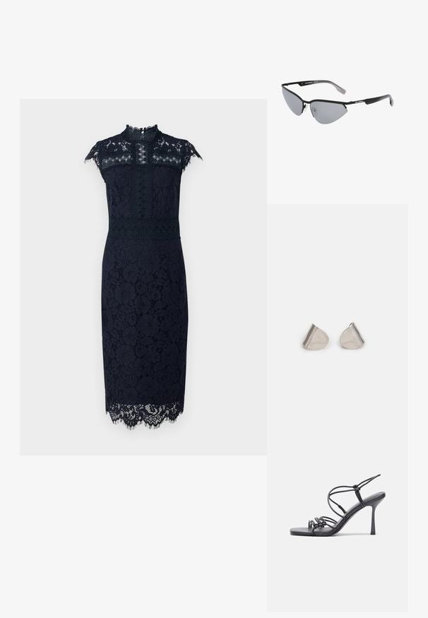 Tengerészkék csipkés ruha magas nyakkal, kis ujjakkal, virágmintákkal és finom csipkés szegéllyel az alján. Feszes szabása van.; Fekete magas sarkú szandálok vékony pántokkal, csomózott mintával, sima négyzetes orral és karcsú stiletto sarkal rendelkeznek.; Fekete napszemüveg éles, macska-szem kialakítással. Ezüst tükörlencsék. Karcsú, könnyű műanyag keret, diszkrét logóval a szárakon.; Ezüst fém fülbevalók sima, csepp alakú formával és fényes felülettel. Finom gravírozások teszik részletessé. Minimalista dizájn.