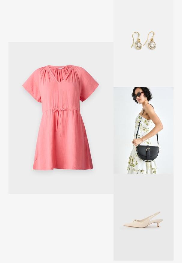 Ružičasta haljina kratkih rukava s V-izrezom, naborima blizu ramena, naglašenim strukom s vezicom i opuštenim krojem.; Cipele s povučenom petom i uskim nosom u boji off-white, s malim detaljem mašne i niskom potpeticom. Glatka tekstura, minimalistički dizajn.; Crna kožna torba s lukovitim oblikom, odvojivim remenom i zlatnim detaljima. Torba ima preklop s kopčom.; Zlatne naušnice s ovalnim prozirnim kristalima okruženim manjim prozirnim kamenčićima, s dizajnom na kuku za sigurno nošenje.