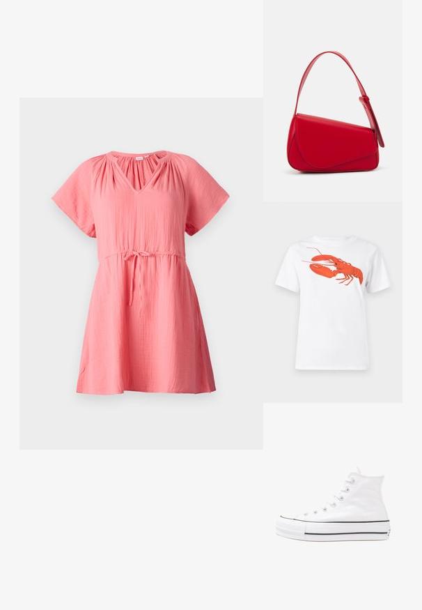 Rochie roz cu mâneci scurte, decolteu în V, detalii plisate lângă umeri, talie strânsă cu un șnur și o croială lejeră.; Tricou alb din bumbac, cu un grafic mare, viu colorat de homar roșu pe față. Mâneci scurte și un guler standard de tip crew neck.; Adidași albi tip pantofi sport cu glezna din pânză, cu talpă din cauciuc negru, capac de vârf din cauciuc frontal și șase ochiuri pentru șireturi, având un design curat și minimalist.; Geantă de mână din piele roșie, cu un design unghiular și geometric. Dispune de o singură curea ajustabilă și un sistem de închidere cu clapetă, cu detalii cusute.