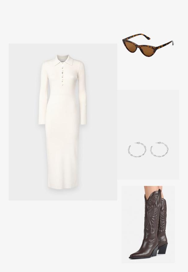 Pehmeast valgest lõngast midi-kleit, millel on polo krae, pikad varrukad ja nööpidega vooderdus ees. Mõõtkihiline ribakude.; Ruske nahkasaappaat, joissa on terävä kärki ja laatikkokorko, varustettu yksityiskohtaisella ompelulla ja kohotetuilla yksityiskohdilla varsiosassa.; Kattöga solglasögon med en svart och orange sköldpaddsmönstrad båge, bruna linser och slanka, spetsiga spetsar. Har en minimal logotyp på skalmen.; Hope hopea, joissa on kierren muotoilu, kiiltävä pinta ja takana kiinnitettävä suljin. Halkaisija noin 3 cm.