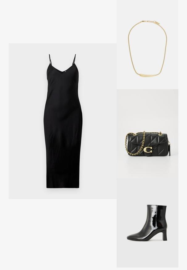 Juoda bevandenė midi suknelė plonais spaghetti petnešomis ir V formos iškirpte, demonstruojama ant vientiso balto fono.; Juodos lakuotos odinės aulinukės su smailiu pirštu ir vidutinio aukščio blokuotu kulnu. Lygus paviršius ir minimalistinis dizainas.; Juodas kvadratinis odinis rankinė su auksine grandine ir užsegimu su apskritimu. Kompaktiška stačiakampio formos.; Auksu padengta apyrankė su lygiu, įgaubtu centriniu akcentu. Pasižymi lankstoma grandinėle su vėžlio užsegimu ir papildomais reguliuojamais grandinėlių ryšiais.