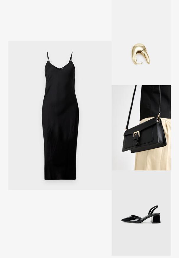 Crna haljina midi dužine bez rukava s tankim trakama na ramenima i V-izrezom, prikazana na jednostavnoj bijeloj pozadini.; Crne lakirane kožne sandale s otvorenom petom i špicastim vrhom, s geometrijskom blok petom. Imaju elegantan, minimalistički dizajn i glatku teksturu.; Crna torba od umjetne kože s kopčanjem od zlatnog tona, ravnog dizajna i podesivim remenom, prikazana na svijetloj pozadini.; Zlatne metalne naušnice s elegantnim, zakrivljenim dizajnom. Imaju karakterističan šiljast oblik, poliranu površinu i zatvaranje na šarku.