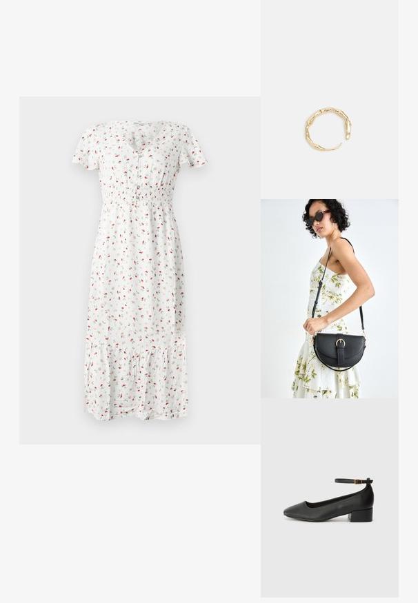 Bijela midi haljina s malim crvenim cvjetnim uzorkom, kratkim rukavima, V-izrezom, gumiranim strukom i lepršavim volanima na rubu. Tkanina izgleda lagano.; Crne kožne pumpe s oštrim vrhom i niskom blok petom. Sadrže remen oko gležnja s zlatnim kopčanjem. Glatka tekstura.; Crna kožna torba s lukovitim oblikom, odvojivim remenom i zlatnim detaljima. Torba ima preklop s kopčom.; Prsten u zlatnoj nijansi s organskim, uvijenim dizajnom, glatkom teksturom i suženim krajevima, koji stvara moderan, skulpturalni izgled.