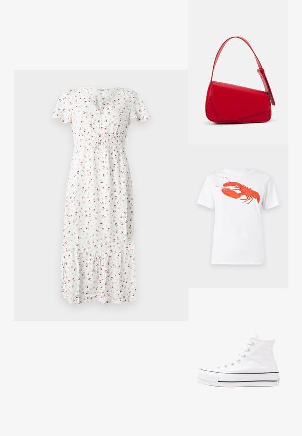 Mekko on valkoinen midi-mallinen, jossa on pieni punainen kukkakuvio. Lyhyet hihat, V-pääntie, kiristetty vyötärö ja levenevä, röyhelöreunus. Kankaan vaikuttaa olevan kevyt.; Valkoinen puuvillapaita, jossa on suuri, kirkkaan punainen hummerigrafiikka edessä. Lyhyet hihat ja standardi pyöreä kaula-aukko.; Valkoiset korkeavartiset kangaskengät mustalla kumipohjalla, edessä kuminen varvasosa ja kuusi nauha-aukkoa, puhtaan minimalistisella muotoilulla.; Punainen nahkalaukku, jossa on kulmikas, geometrinen muotoilu. Varustettu yhdellä säädettävällä hihnalla ja läpällä, jossa on ommeltu yksityiskohtia.