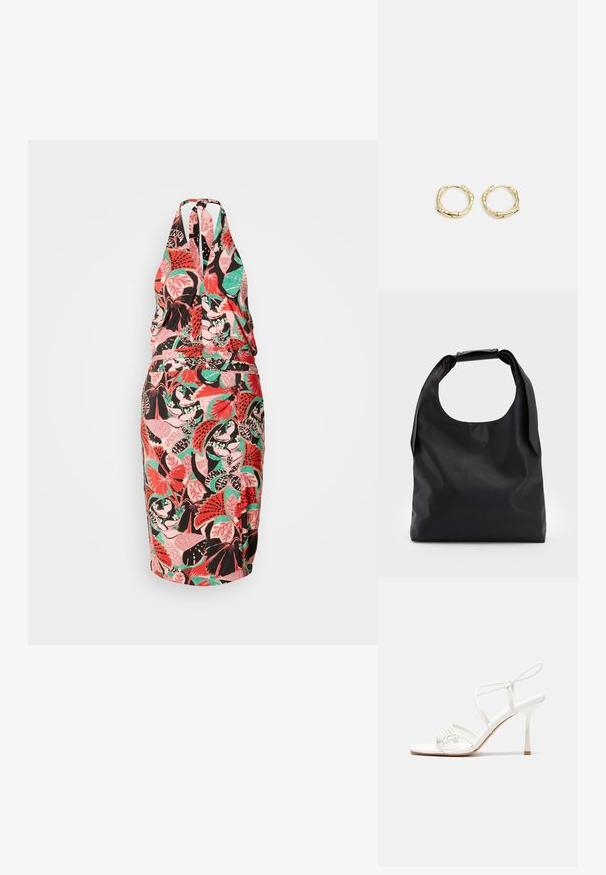 Robe dos nu avec une silhouette ajustée, présentant un motif floral coloré en rose, vert et noir sur un fond clair.; Sandale à talons hauts blanche avec une base de orteil plate, devant texturé avec des accents froncés et une fine bride à la cheville.; Sac hobo en cuir noir avec une seule poignée ronde et douce ; présente une texture lisse et un design minimaliste. Pas de matériel ou d'accents visibles.; Boucles d'oreilles en or en forme de cerceau avec une texture et une forme irrégulière. Présentent une fermeture sans couture et une finition polie, soulignant un design moderne.