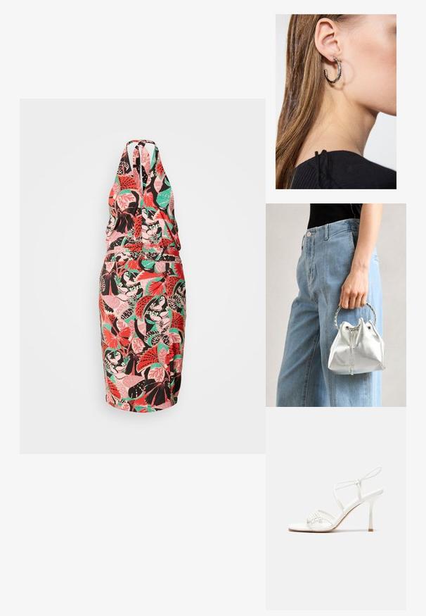 Halterkjole med en tettsittende silhuett, med et fargerikt blomsterdesign i rosa, grønt og svart på en lys bakgrunn.; Hvit stroppesandale med høy hæl og flatt tåfeste, teksturert front med rynkede detaljer, og en smal ankelreim.; Sølvfarget metallic bøtteveske med tekstur, dekorert med et rundt sølvhåndtak og snøring, holdt mot lyseblå jeans.; Sølv ringøredob med en polert finish, med små gull detaljer og en rund form, båret på øreflippen.