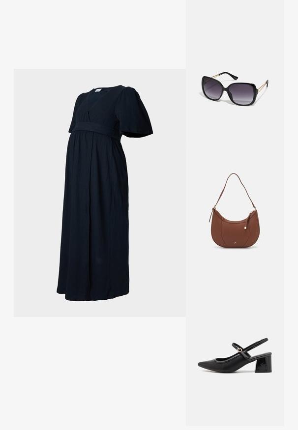 Sötét tengerészkék maxi ruha texturált anyagból, V-dekoltárral, fodros ujjakkal és ráncolt derékkal a laza szabás érdekében.; Fekete lakk bőr, pántos magassarkú cipő, hegyes orral, lekerekített kivágással és tömbsarkal. Arany színű csat díszíti.; Fekete, oversize napszemüveg fokozatos árnyalatú lencsékkel, vastag kerettel és arany színű lánc díszítéssel a szárakon.; Barna műbőr válltáska ívelt formával, minimális varrással és arany színű kiegészítőkkel. Jellemzője a felső cipzáras záródás és állítható pánt.