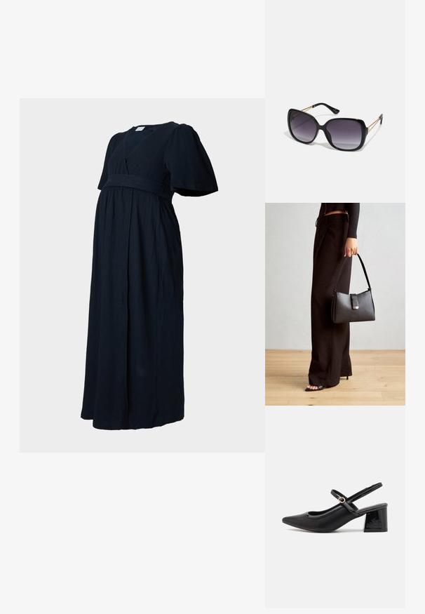 Dunkelblaues Maxikleid aus einem strukturierten Stoff, mit V-Ausschnitt, puffartigen Ärmeln und einem gerafften Taillenbund für eine lockere Passform.; Schwarze Lackleder-Slingback-Absätze mit spitzer Zehenform, einem runden Ausschnitt-Design und einem Blockabsatz. Mit einem goldfarbenen Schnallenakzent.; Schwarze übergroße Sonnenbrille mit getönten Gläsern, dicken Rahmen und goldfarbener Kettendetaillierung an den Bügeln.; Schwarze Handtasche mit strukturierter Form, glatter Textur und einem metallischen Verschluss. Kombiniert mit weiten schwarzen Hosen und offenen Sandalen auf einem Holzboden.