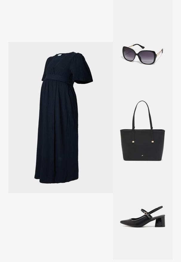 Rochie maxi de culoare bleumarin închis, dintr-un material texturat, cu decolteu în formă de V, mâneci bufante și un brâu pliat pentru o croială lejeră.; Cizme cu toc slingback din piele sintetică lacuită neagră, cu vârful ascuțit, un design cu decupaj rotunjit și toc bloc. Include un accent cu cataramă de culoare aurie.; Ochelari de soare negri, supradimensionați, cu lentile degradate, rame groase și detalii cu lanț de ton auriu pe brațele templului.; Pungă tote neagră, fabricată din material sintetic, având un design simplu rectangular, accente aurii pătrate și mânere duble.