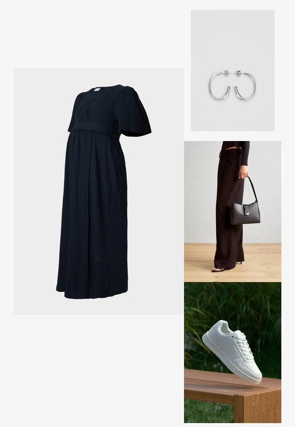 Temno modra maxi obleka iz teksturirane tkanine, s podolgovatim izrezom, napihnjenimi rokavi in z zloženim pasom za ohlapen kroj.; Bela teniska s gladkim sintetičnim zgornjim delom, perforiranim prednjim delom, ravnimi vezalkami in teksturiranim podplatom, prikazana na leseni površini.; Črna torbica z strukturirano obliko, gladko teksturo in kovinskim zaponko. Ujemajo se z širokimi črnimi hlačami in odprtimi sandali na lesenem tleh.; Srebrne obročaste uhane z gladko, sijočo površino. Zaobljena oblika, lahka zasnova, z zapiranjem na zatič.
