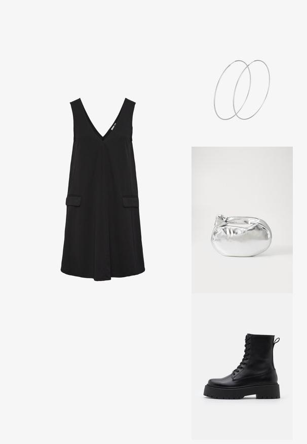 Črna brezrokavna obleka z V-izrezom, sprednjimi žepi in A-linijsko silhueto.; Črne usnjene gležnjarje z okroglo konico, vezalnim sprednjim delom in debelim gumijastim podplatom z teksturiranim profilom. Zanka na hrbtni strani.; Srebrna kovinska torbica z mehko, zaobljeno obliko in zavezano zgornjo zaporo. Narejena iz gladkega umetnega usnja.; Srebrne uhane v obliki obroča z minimalističnim dizajnom. Krožna oblika, gladka tekstura in tanek profil. Lahki s poliranim zaključkom.