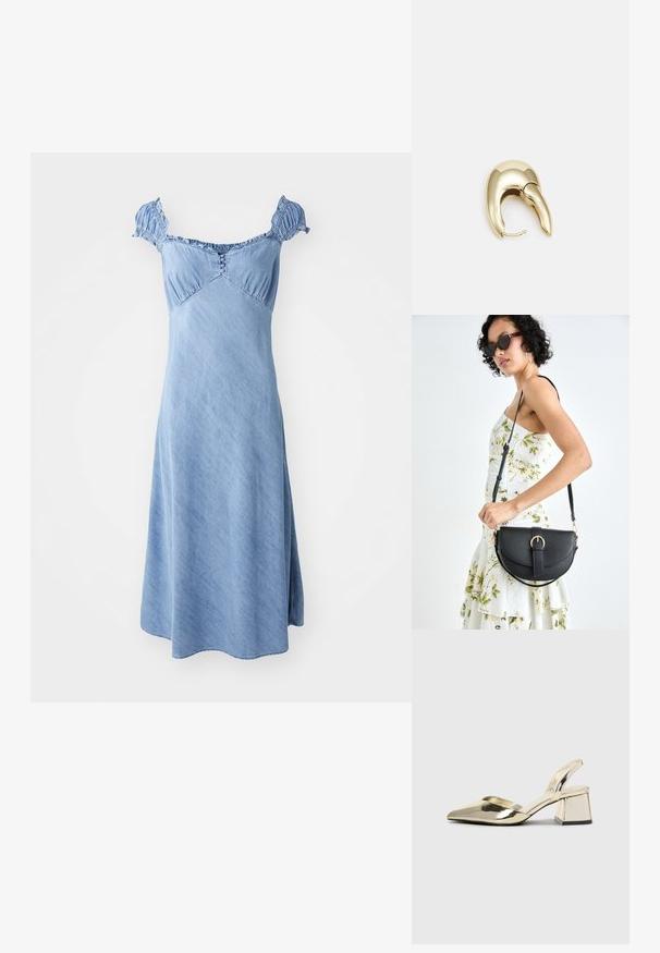 Jeans obleka v svetlo modri barvi s kratkimi, nabrano izrezanimi rokavi, oprijetim korzetom in sprehodnim A-linijskim krilom. Na sprednji strani so gumbi.; Zlati, kovinski slingback čeveljci z ostrim nosom in masivnim peto. Gladka tekstura, minimalistična zasnova in ozka zanka.; Črna usnjena torbica s ukrivljeno obliko, z odstranljivo naramnico in zlatimi dodatki. Torbica ima pokrov s podrobnostmi v obliki zaponke.; Uhane nakit iz zlatastega tona z gladko, ukrivljeno zasnovo. Ima edinstveno koničasto obliko, polirano površino in zaponko s tečajem.