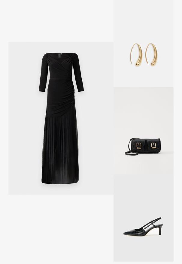 Čierne šaty s dlhým rukávom a prispôsobeným telom, s nariasením na boku, s priehľadným prekrytím sukne a vertikálnymi plisami.; Čierne patentové slingback topánky na ihlovom podpätku s špicatou špičkou, s textúrovaným hadím vzorom, nastaviteľným popruhom a krátkym, textúrovaným blokovým podpätkom.; Čierna kožená crossbody taška s dvoma prednými vreckami, zlatými sponami, zipsovým uzatváraním a úzkym popruhom. Štruktúrovaný povrch a kompaktný obdĺžnikový tvar.; Náušnice vo forme zlatých kovových kruhov s zakriveným, predĺženým tvarom. Majú hladký, lesklý povrch a zaoblený koniec pre pridanie detailu.