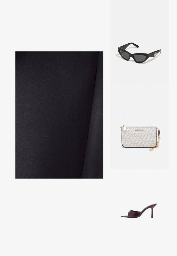 Tissu noir avec une texture lisse et un léger brillant. Il présente une couleur unie sans motifs, avec des plis visibles dans le matériau.; Mules à talons hauts bordeaux avec un bout carré, fabriquées en cuir lisse. Présentent un design épuré et minimaliste avec un talon effilé.; Lunettes de soleil en œil de chat avec une monture en plastique noir mat, des verres foncés et un accent en or avec le logo sur la branche. Design angulaire et texture lisse.; Porte-monnaie Michael Kors en toile enduite beige avec un motif répété de logo MK, des accessoires en or et une bandoulière en chaîne amovible.