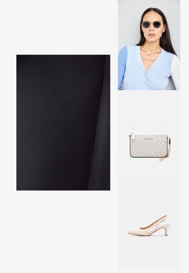 Must tume, millel on sile tekstuur ja kerge sära. Ühtlane värv ilma mustriteta, materjalis on nähtavad voldid.; Valge slingback konts, terava ninaga, siledast ülemisest materjalist, madala ploki kontsaga ja külgse nähtavusega ning reguleeritava pandla rihmaga.; Ringikujulised prillid tumedate läätsede ja kullast raamiga. Mudel on selga pannud helesinise soonikuga kardigani, millel on nupud ja kontrastsed valged varrukad.; Michael Korsi randmevõru beige kaetud kangast, millel on korduv MK logo muster, kuldne riistvara ja eemaldatav ahelistrap.