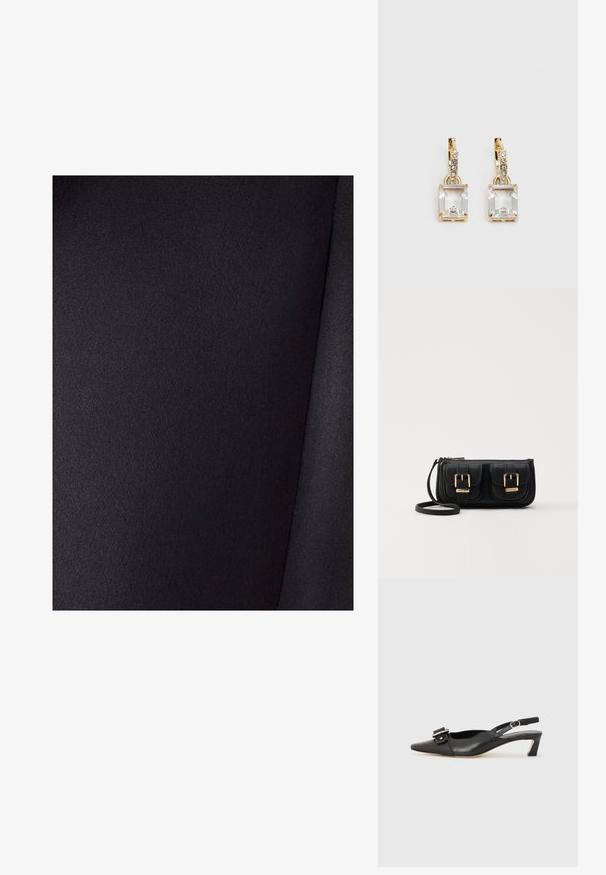 Tissu noir avec une texture lisse et un léger brillant. Il présente une couleur unie sans motifs, avec des plis visibles dans le matériau.; Chaussure slingback en cuir noir avec un bout pointu, un petit talon et un détail de boucle décoratif sur le dessus. Texture lisse, design minimaliste.; Sac en cuir noir porté en travers avec deux poches avant, boucles dorées, fermeture zippée et une sangle fine. Surface texturée et forme rectangulaire compacte.; Boucles d'oreilles en or lumineux avec un cristal rectangulaire transparent pendent sous une rangée de petits accents ronds transparents. Design élégant et moderne.