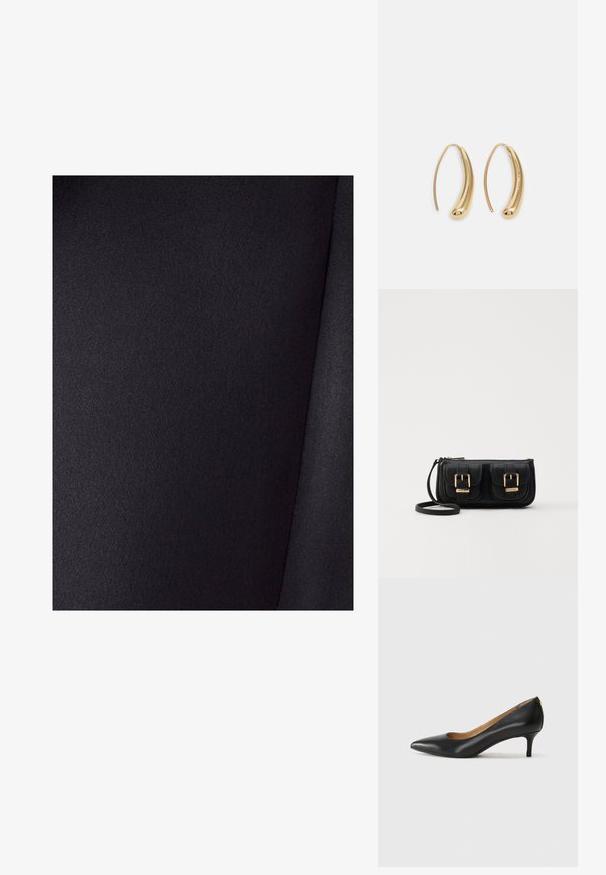 Juodas audinys su lygiu paviršiumi ir švelniu blizgesiu. Turi vienos spalvos paviršių be raštų, medžiagoje matyti raukšlės.; Juodos odinės aukštakulnės bateliai su smailiu nosiu, žemu kulnu ir lygiu paviršiumi. Priekyje yra nedidelis atvirumas, o gale minimalus apdaila.; Juodas odinis per petį nešiojamas krepšys su dviem priekiniais kišenėmis, auksiniais sagtimis, užtrauktuko uždarymu ir siauromis petnešomis. Textūruota paviršius ir kompaktiškas stačiakampis formatas.; Auksinės metalinės auskarų kabės su lenktą, pailgą forma. Turi lygų, blizgantį paviršių ir užapvalintą galiuką papildomam akcentui.