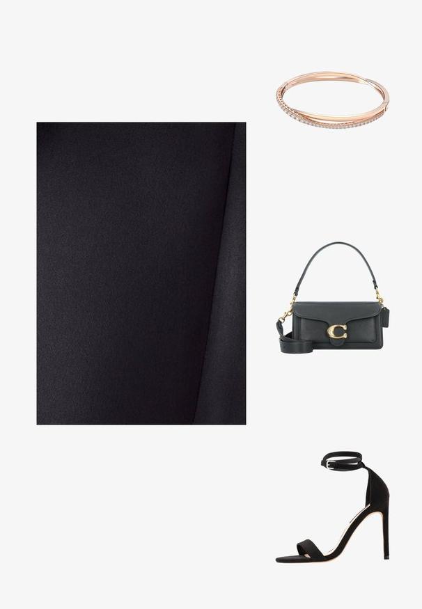 Czarna tkanina o gładkiej strukturze i delikatnym połysku. Ma jednolity kolor bez wzorów, widoczne zagięcia w materiale.; Czarne zamszowe sandały na wysokim obcasie z prostym wzorem paska, odkryty palec i pasek na kostkę z metalowym zapięciem w kolorze srebrnym.; Czarna skórzana torba na ramię z akcentami w kolorze złotym, wyposażona w charakterystyczne zapięcie, odpinany pasek na ramię oraz teksturowaną powierzchnię.; Złoty różowy bransoleta składająca się z dwóch splatających się pasm, z jednym ozdobionym rzędem diamentów, gładką powierzchnią i gładkimi krawędziami.