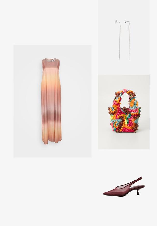 Maksisvārki gludā satīna audumā ar gradientu no gaiši persiku līdz maigi rozā. Beznosaka dizains ar apaļu apkakli.; Burgundijas slingback zābaki ar norādītu purngali un sietu augšdaļā. Iekļauj šauru papēdi un izgriezumu dizainu, nodrošinot elegantu siluetu.; Pērlīšu somiņa ar spilgtām krāsām: rozā, oranža, zila un brūna. Teksturēta virsma ar apaļām pērlītēm un organiskām formām, izturīgas rokturi.; Sudraba karājas auskari ar plānu, sietveida ķēdes dizainu un taisnām kāju akcentiem, aprīkoti ar tauriņa aizdariem drošai piestiprināšanai.