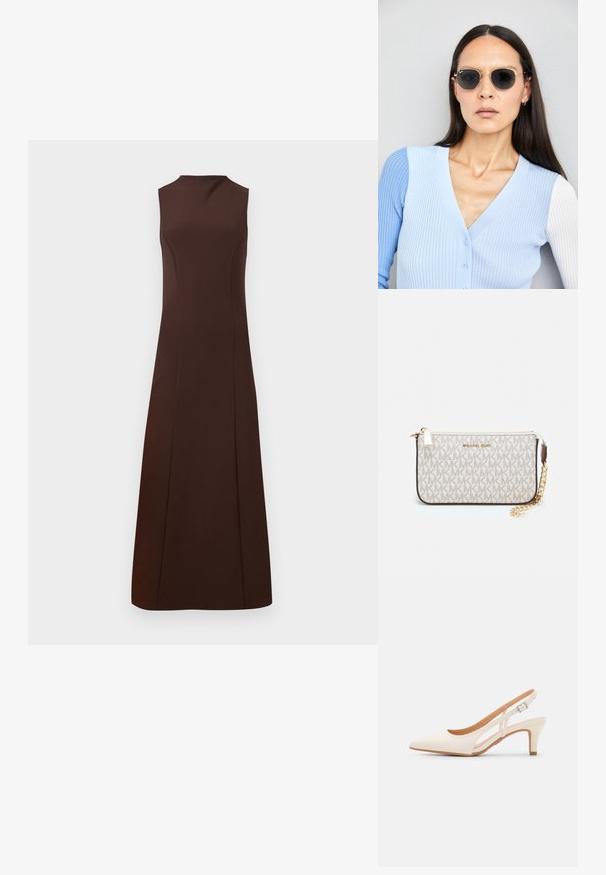 Ermeløs brun kjole med høy hals, tettsittende liv og utsvakt skjørt. Laget av et glatt stoff uten synlige mønstre eller detaljer.; Hvit slingback-hel med spiss tå, glatt overmateriale, lav blokkhelt, og cut-out-design på siden med justerbar spenne.; Runde solbriller med mørke linser og guldrammer. Modellen har en lyseblå, ribbet cardigan med knapper og kontrast hvide ærmer på.; Michael Kors håndleddsveske i beige belagt kanvas med et gjentakende MK-logo mønster, gullfarget maskinvare og en avtakbar kjede-rem.
