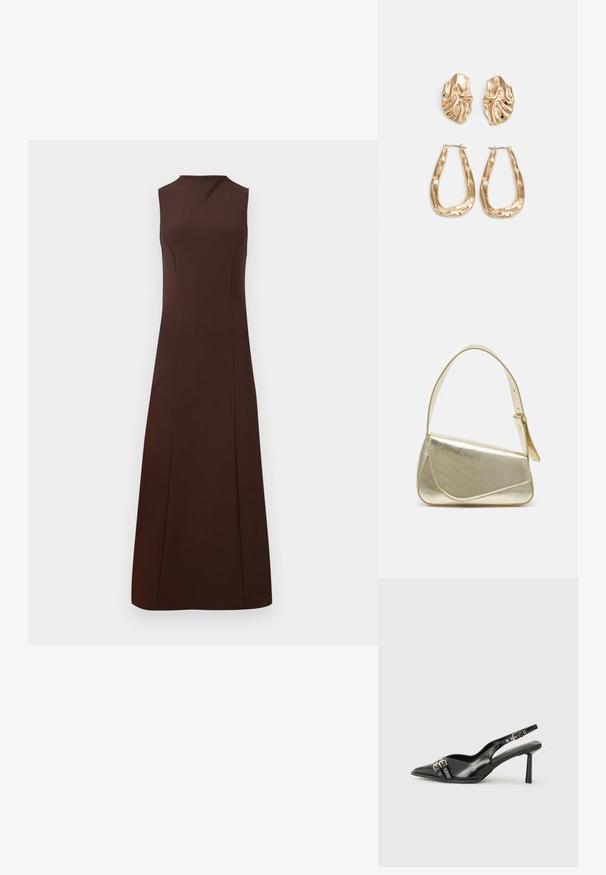 Ermeløs brun kjole med høy hals, tettsittende liv og utsvakt skjørt. Laget av et glatt stoff uten synlige mønstre eller detaljer.; Sorte patentlær slingback-sko med spiss tå, ankelremmer med sølvspenner og detaljer, og en slank hæl.; Gullfarget metallisk håndveske med en strukturert design, glatt tekstur og justerbar stropp. Har en unik trekantet form og minimalistisk søm.; Gullfargede øredobber med teksturerte, bølgete former. Inkluderer skulpturelle klipsstuds og åpen hoop-design med en hamret finish.