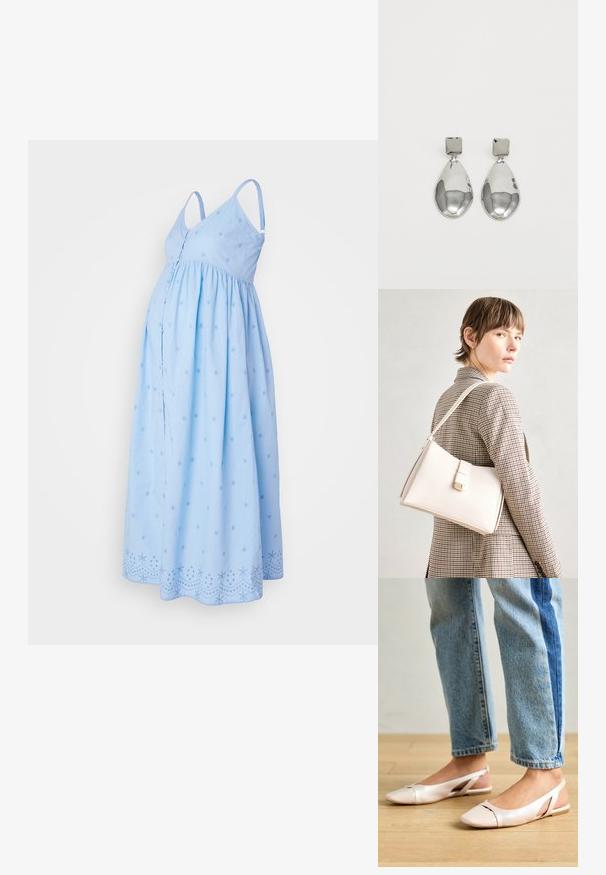 Hele sinine raseduskleit, millel on reguleeritavad õhkrinnalõngad, kogutud vöökoht, õmmeldud tähekujundused ja tikitud servade detailid.; Kahvatu roosa slingback lapikute jalatsite paar, millel on terav varvas, valmistatud siledast nahataolisest materjalist. Omab külgedel lõikekohti ja lapikut kontsa.; Valge nahast käekott struktureeritud disainiga, millel on magnetlukk ja õlavarre rihm, esitletud neutraalse tausta ees.; Hõbedased ripatsid, millel on ruudukujuline studs, siledat ja poleeritud viimistlust ning pisarakuju, peegeldades valgust läikiva pinnaga.