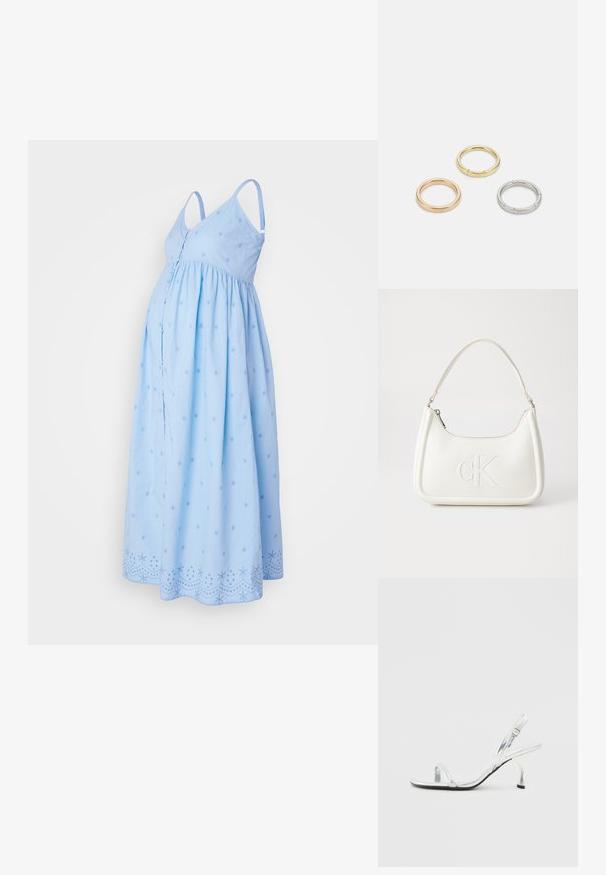 Robes de maternité bleu clair avec bretelles spaghetti réglables, taille froncée, motifs d'étoiles brodés et détails de ourlet brodé.; Sandales à talons hauts en cuir verni argenté avec une fine bride au niveau des orteils, une boucle réglable et un talon élancé.; Sac à main en cuir blanc avec une forme courbée, arborant un logo "CK" embossé à l'avant et une seule bandoulière. Fermeture à glissière en haut.; Trois anneaux en métal : un en or rose, un en or avec des accents texturés, et un en argent, tous avec une gravure de marque à l'intérieur de la bande.