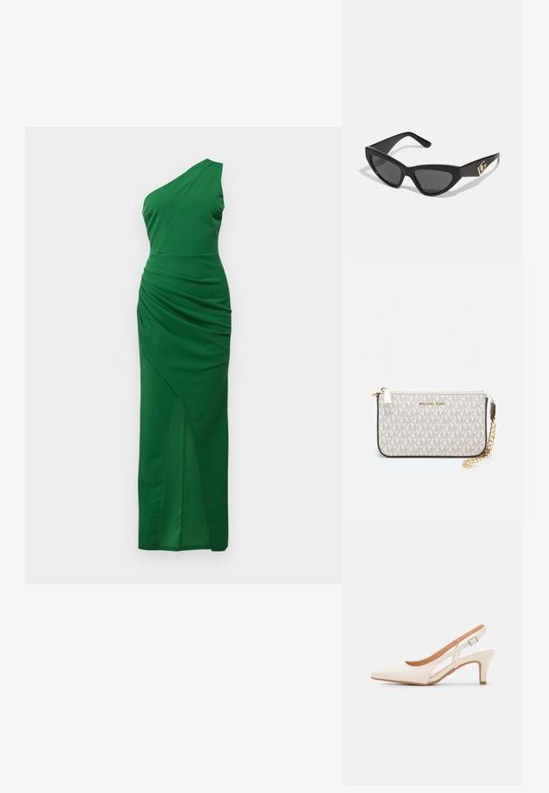 Zelené šaty s jedným ramienkom vyrobené z elastického materiálu, s drapériou v oblasti pása a s vysokým rozparkem na jednej strane.; Biele slingback topánky na podpätku s ostrou špičkou, hladkým vrchným materiálom, nízkym blokovým podpätkom a bočným výrezom s nastaviteľným remienkom na pracku.; Slnečné okuliare v tvare mačacích očí s matným čiernym plastovým rámom, tmavými sklami a zlatým logom na bočnej strane. Ostrý dizajn a hladká textúra.; Michael Kors zápästná taška v béžovej potiahnutej plátenej tkanine s opakujúcim sa vzorom loga MK, zlatým kovania a odnímateľným reťazovým popruhom.