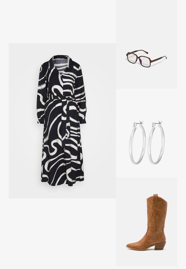 Juoda ir balta ilga suknelė su apykakle, puošta abstrakčiais bangų raštais ir surišta juosmeniu. Pagaminta iš lengvos medžiagos.; Ruda odinė kantri batai su smailiu būtų pirštu, siuvinėtais spiralės raštais ant viršaus ir su kamščiu blokuotu kulnu. Yra tamprių užtraukių, kad būtų lengviau užsidėti.; Rudos, stačiakampiai akinių rėmeliai su skaidriais lęšiais ir violetiniais atspalviais. Lygus plastikinis rėmas su tiesiomis šventyklomis ir subtiliais akcentais.; Sidabriniai auskarai su sklandžiu, poliruotu paviršiumi. Apvalios formos ir saugus uždarymo mechanizmas. Lengvas dizainas, tinkantis kasdieniam dėvėjimui.