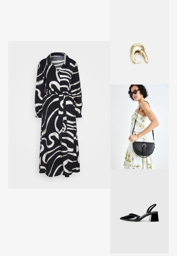 Rochie alb-negru cu mânecă lungă și guler, având modele abstracte de valuri și o talie legată. Confecționată dintr-un material ușor.; Pantofi cu toc slingback din piele lacuită neagră, cu vârf ascuțit și toc geometric. Prezintă un design elegant, minimalist și o textură netedă.; Geantă din piele neagră, cu o formă curbată, curea detașabilă și accesorii aurii. Geanta are un capac cu un detaliu tip cataramă.; Cercei din metal de culoare aurie cu un design elegant și curbat. Prezintă o formă distinctivă, ascuțită, o suprafață lustruită și un sistem de închidere cu balama.