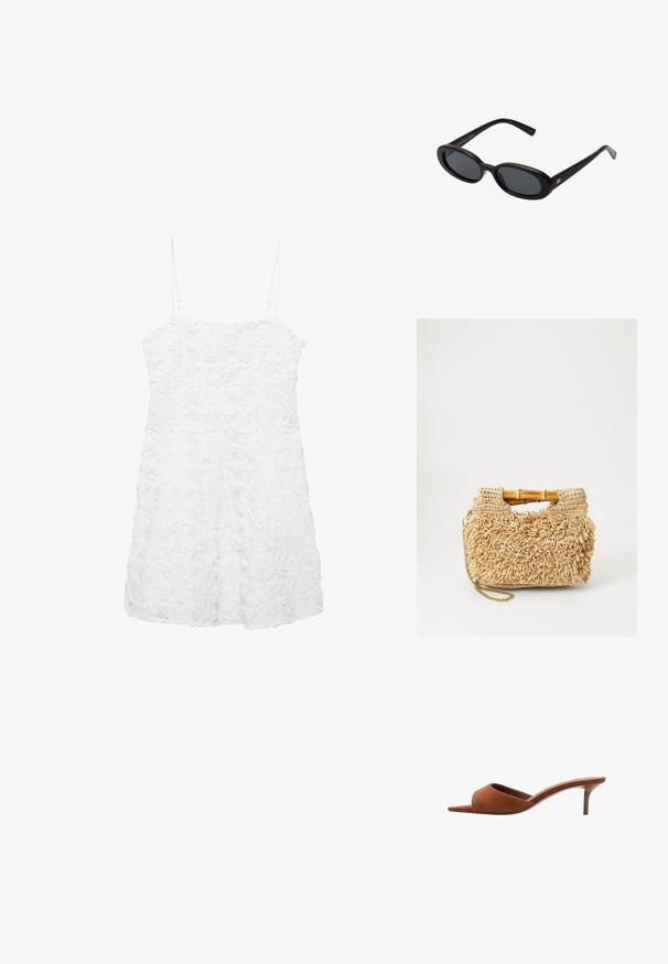Bijela haljina bez rukava s čvrstim cvjetnim uzorkom, s tankim naramenicama i opuštenim krojem, dizajnirana za lagan i prozračan izgled.; Smeđe suknene mule otvorenog vrha s zakrivljenim dizajnom, s niskom stiletto petom i glatkim, minimalističkim linijama.; Crne velike sunčane naočale s ovalnim staklima, glatkim plastičnim okvirom i zlatnim detaljima na sljepočnicama. Tamna stakla pružaju zaštitu od sunca.; Torba od tkanog slame s drvenim ručkama od bambusa, s teksturiranim dizajnom resica u prirodnoj bež boji i zlatnim lanca remenom.