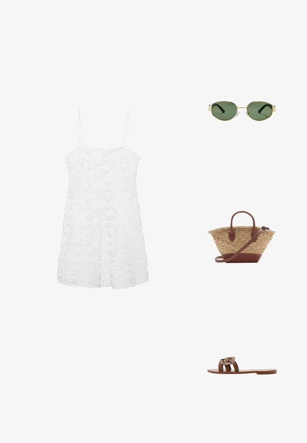 Biała sukienka bez rękawów z teksturowanym wzorem kwiatowym, z cienkimi ramiączkami i luźnym krojem, zaprojektowana z myślą o lekkości i przewiewności.; Brązowe płaskie sandały wykonane z materiału syntetycznego, z plecionym wzorem na pasku i gładką, płaską podeszwą. Bez obcasa, minimalistyczna estetyka.; Złote okulary przeciwsłoneczne w metalowej oprawie z zielonymi soczewkami, o owalnym kształcie, czarnymi zausznikami i przezroczystymi noskami. Czysty, minimalistyczny design.; Woven straw basket bag with brown leather accents, two handles, and a detachable strap. Curved shape with a sturdy base.
