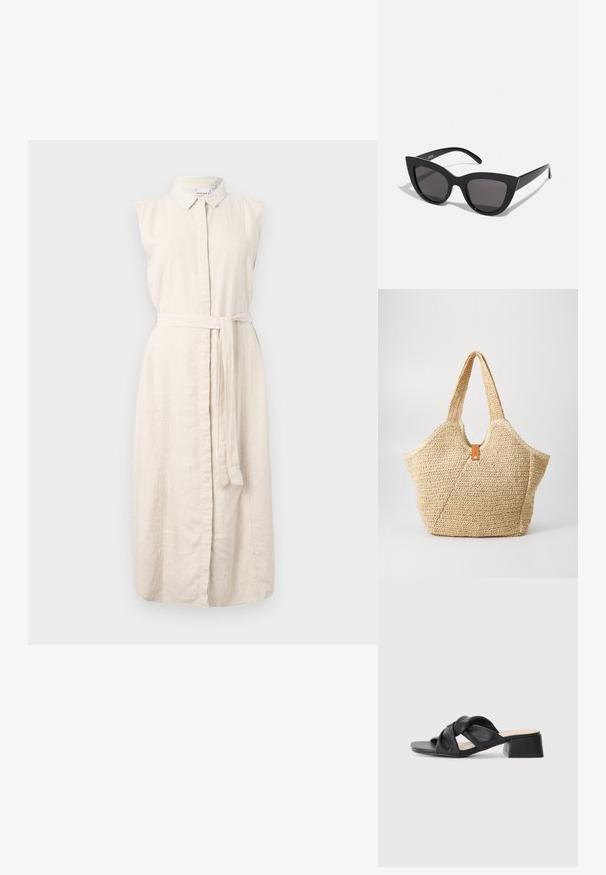 Svetlo bež lanena obleka s ovratnikom, brez rokavov, s sprednjim gumbom in z oblečeno pasom. Ima subtilno teksturo.; Črne usnjene sandale z zasukanjem zgornjega dela, kvadratnim prstom in nizkim blokastim peto, ki se ponašajo z gladko teksturo in minimalističnim slogom.; Črne mačke-oko sončna očala z mat zaključkom, ki imajo sive tonirane leče, ostre kote in eleganten stranski del. Ime blagovne znamke je vidno na notranjem ročaju.; Velika slamnata torba z zrnato bež zunanjostjo in dvema širokima ročajema. Ima kožno poudarjeno naramnico za zapiranje.