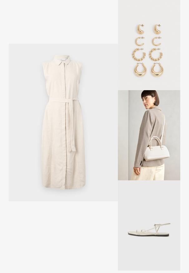 Abito in lino color beige chiaro con colletto, design senza maniche, chiusura frontale con bottoni e cintura in tessuto in vita. Presenta una texture sottile.; Sandal in beige piatta con multiple cinghie sottili e una fibbia regolabile. La suola è piatta con un leggero contrasto scuro lungo il bordo.; Borsa a mano bianca strutturata con manici corti e tracolla, dotata di dettagli in metallo dorato e materiale testurizzato, esposta su uno sfondo grigio.; Set di cinque orecchini d'oro, con design vari: superfici intrecciate, rigate e lisce in forme ad anello e a mezzaluna.