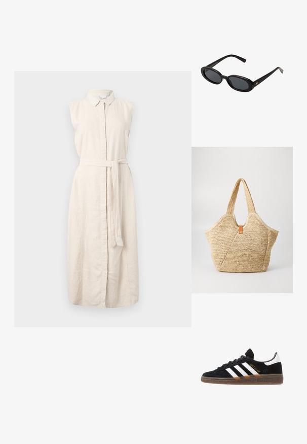 Világos bézs vászon ruha gallérajjal, ujjatlan kivitelben, elülső gombos záródással és szövet övvel a deréknál. Finom textúrával rendelkezik.; Fekete Adidas sneaker fehér csíkokkal, arany "Spezial" felirattal, gumitalppal és fehér saroktabbal, profil nézetben bemutatva.; Fekete, oversize napszemüveg ovális lencsékkel, sima műanyag kerettel és arany részletekkel a fülpánton. Sötét lencséi védelmet nyújtanak a napfény ellen.; Nagy szalma táska texturált, bézs külsővel és két széles füllel. Bőr díszíti a zárást.