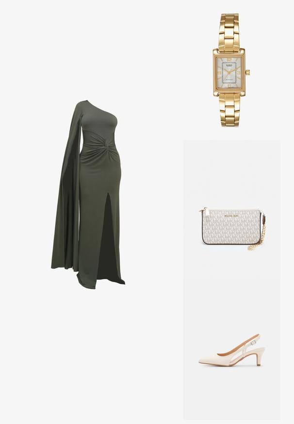 Green, one-shoulder dress made of smooth, stretchy fabric. Features a twisted detail at the waist and a thigh-high slit on one side.; White slingback heel with a pointed toe, smooth upper material, low block heel, and side cut-out design with adjustable buckle strap.; Michael Kors wristlet in beige coated canvas featuring a repeating MK logo pattern, gold hardware, and a detachable chain strap.; Gold-tone rectangular wristwatch with a white dial, silver-tone hour markers, and a durable metal link bracelet. Water-resistant feature included.