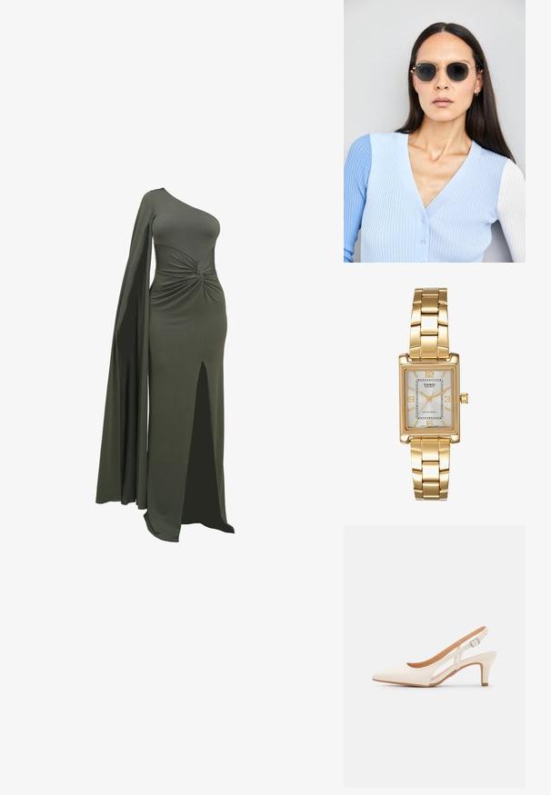 Green, one-shoulder dress made of smooth, stretchy fabric. Features a twisted detail at the waist and a thigh-high slit on one side.; White slingback heel with a pointed toe, smooth upper material, low block heel, and side cut-out design with adjustable buckle strap.; Round sunglasses with dark lenses and gold frames. The model wears a light blue, ribbed cardigan with buttons and contrast white sleeves.; Gold-tone rectangular wristwatch with a white dial, silver-tone hour markers, and a durable metal link bracelet. Water-resistant feature included.