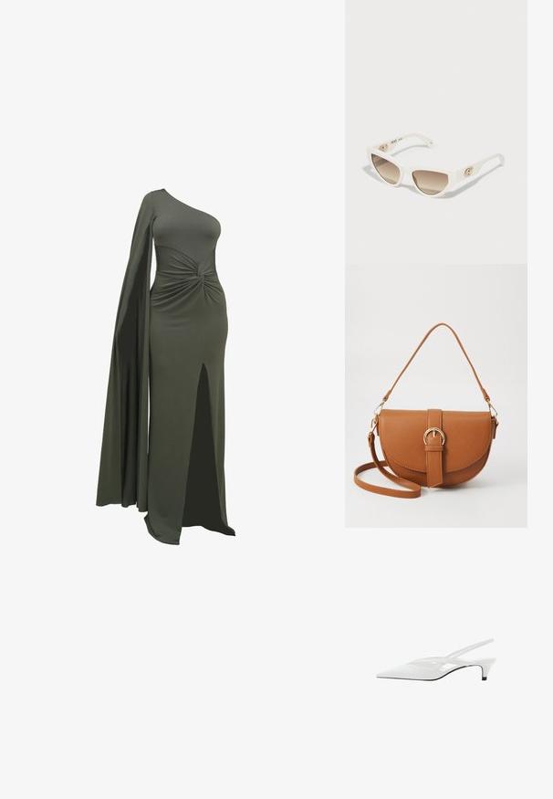 Grön, enaxlad klänning gjord av mjukt, stretchigt tyg. Har en tvinnad detalj vid midjan och en hög slits på ena sidan.; Vit slingback-häl med spetsig tå, med en slät ovandel, subtila utskärningar och en låg blockklack. Svart sula framhäver designen.; Vita plastkattsolglas med gradientbruna linser, en präglad logotypdetalj på sidan och en elegant, vinklad design.; Brun läder crossbody-väska med en böjd form, gyllene detaljer och en spänneaccent. Har en avtagbar axelrem.