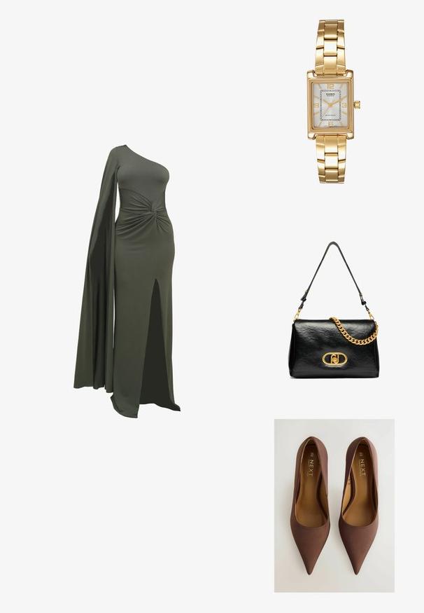 Zelené šaty na jedno rameno vyrobené z hladkej, elastickej látky. Obsahujú skrútený detail v páse a vyšší rozparok na jednej strane.; Hnedé saténové lodičky so špicatou špičkou a hladkým povrchom, s nízkym vykrojením a diskrétnym brandingom na stielke. Veľkosť 6½ (40).; Čierna kožená taška cez rameno s pokrčenou textúrou, zlatým reťazovým akcentom a výrazným zlatým uzáverom s oválnym logom. Nastaviteľný ramenný popruh.; Zlatý obdĺžnikový náramkový hodinky s bielym ciferníkom, striebornými indexmi a odolným kovovým náramkom. Obsahuje vodoodolnú funkciu.