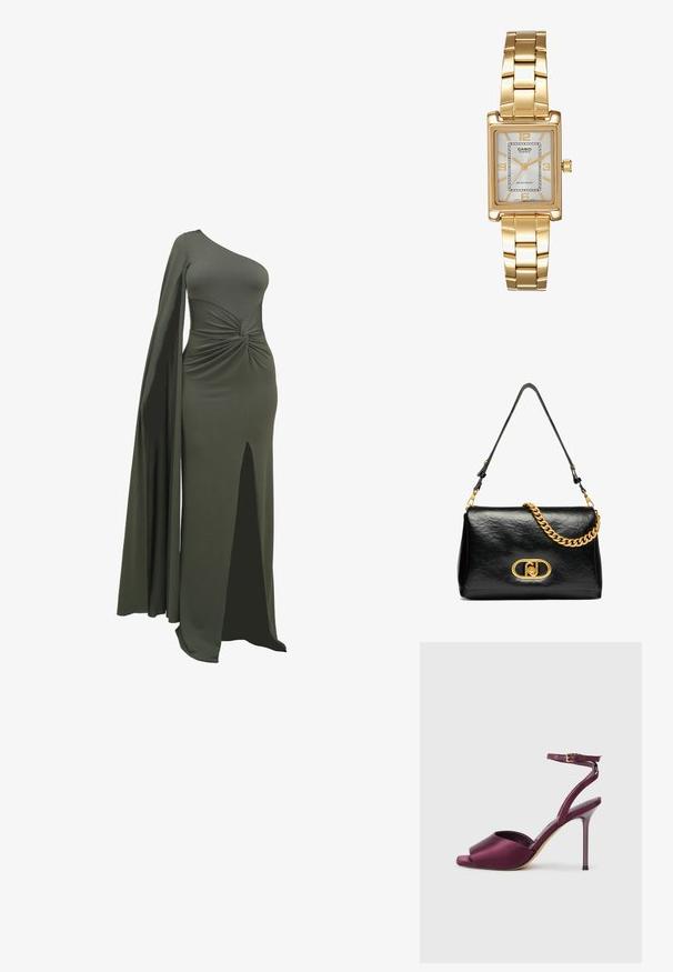 Grøn, en-skulder kjole lavet af glat, strækbart stof. Har en snoet detalje i taljen og en høj slids op til låret på den ene side.; Åben-tået højhælet sandaler med en fuchsia satin overdel, ankelrem med et guldspænde og en slank stiletto hæl.; Sort læder skuldertaske med en krøllet tekstur, guldkæde detalje og en fremtrædende guldspænde med et ovalt logo. Justerbar skulderrem.; Guldtonet rektangulær armbåndsur med en hvid skive, sølvtonede time markører og et holdbart metalled. Vandafvisende funktion inkluderet.
