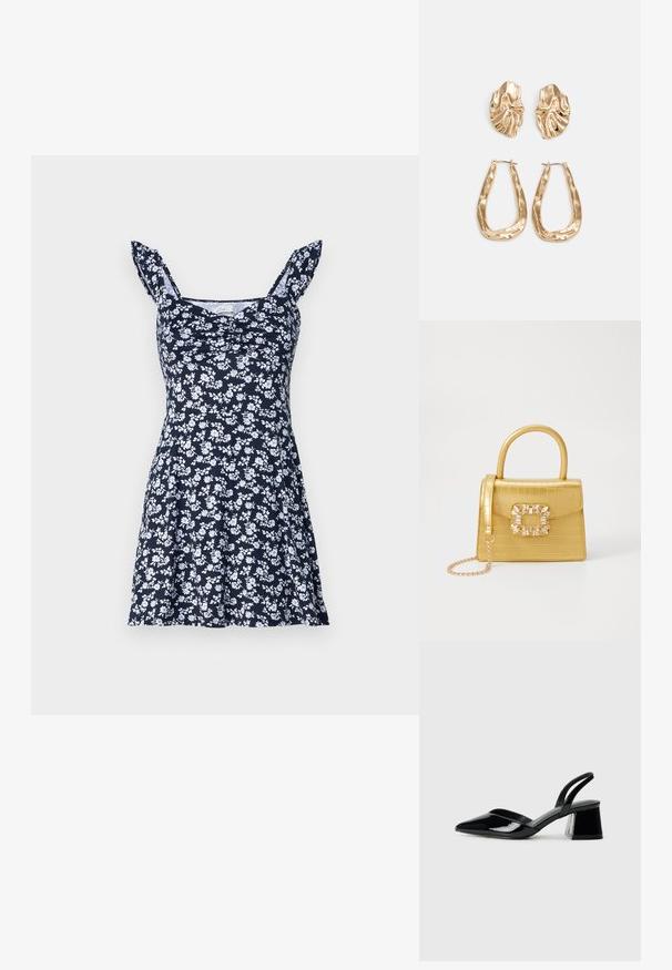 Navy blue floral dress with white patterns, fitted bodice, flared skirt, and ruffled spaghetti straps. Made from soft fabric, lightweight texture.; Black patent leather slingback heels with a pointed toe and a geometric block heel. Features a sleek, minimal design and smooth texture.; Yellow faux-crocodile handbag with a structured design, top handle, detachable chain strap, and decorative crystal embellishment on the clasp.; Gold-tone earrings featuring textured, wavy shapes. Includes sculptural clip-on studs and open hoop design with a hammered finish.