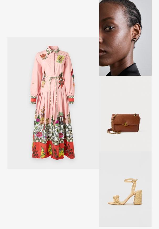 Rotes Baumwollkleid mit langen Ärmeln, einem kragenförmigen Ausschnitt, einem Gürtel zum Binden und bunten, detaillierten Mustern am Saum und den Ärmeln.; Beige High-Heel-Sandale mit geflochtener Textur, dekorativer Blume und Knöchelriemen. Der quadratische Absatz sorgt für Stabilität.; Braune Leder-Crossbody-Tasche mit Klappenverschluss, goldenen Beschlägen und einer Kettenriemen. Glatte Textur, rechteckige Form, minimalistische Details.; Die goldenen Blumensteckerohrringe haben ein strukturiertes schwarzes Zentrum und zarte Verzierungen. Die klare Haut und die geflochtenen Haare des Modells sind profilseitig sichtbar.