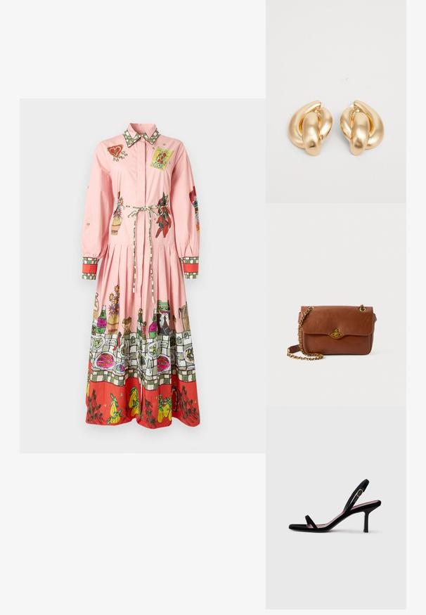 Vaaleanpunainen puuvillamekko, jossa on pitkät hihat, kauluskliini, vyösolki ja värikkäät, yksityiskohtaiset printit helman ja hihojen reunassa.; Mustat mokkanahkaiset naisten korkokengät ohuilla remmeillä ja kultaisella soljella valkoista taustaa vasten, sivukuva.; Ruskea nahkainen olkalaukku, jossa on läppäkiinnitys, kultaiset yksityiskohdat ja ketjuhihna. Sileä pinta, suorakulmainen muoto, minimaalinen yksityiskohtaisuus.; Korolliset kultasävytteiset korvakorut, joissa on kierretty muotoilu, sileä ja kiiltävä pinta sekä pyöreät muodot. Jokaisen koko on noin 5 senttimetriä.